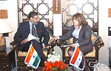 The Union Minister for Commerce and Industry, Shri Anand Sharma meeting the Syrian Minister of Economy and Trade, Mrs. Lamia Mari Aasi, in Syria on June 10, 2010.jpg