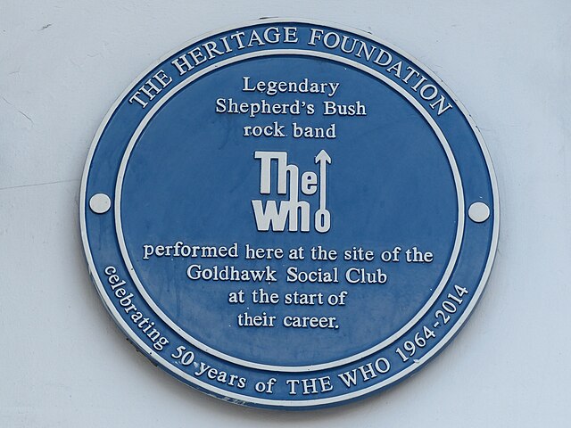 Plaque at the Goldhawk Social Club in Shepherd's Bush, London marking early performances by the Who