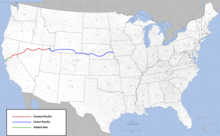 Route of the first American transcontinental railroad from Sacramento, California, to Council Bluffs, Iowa. Other railroads connected at Council Bluffs to cities throughout the East and Midwest. Transcontinental railroad route.png