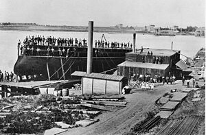 USS Monadnock prior to her launch at the Burgess shipyard, Vallejo, California, 19 September 1883. Monadnock is the only known ship to have been built by Burgess. USS Monadnock before launch 1883.jpg