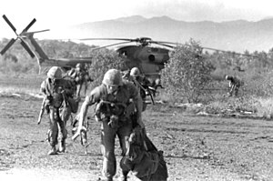 Mariniers verlaten een neergestorte helikopter