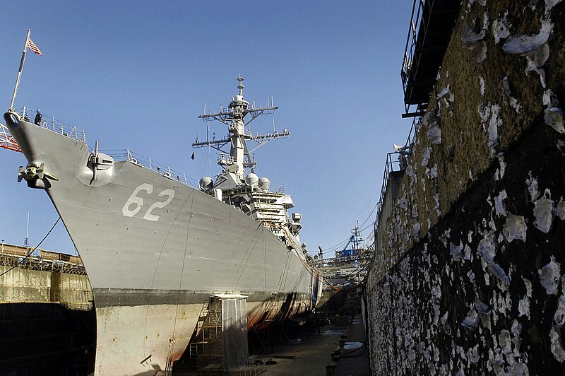 File:US Navy 060124-N-3946H-001 The guided missile destroyer USS Fitzgerald (DDG 62) shown in dry dock to conduct a scheduled Ship's Restricted Availability (SRA).jpg