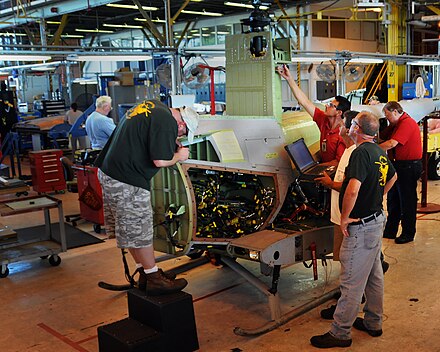 An MQ-8B undergoes maintenance by civilian technicians at Marine Corps Air Station Cherry Point, 2010
