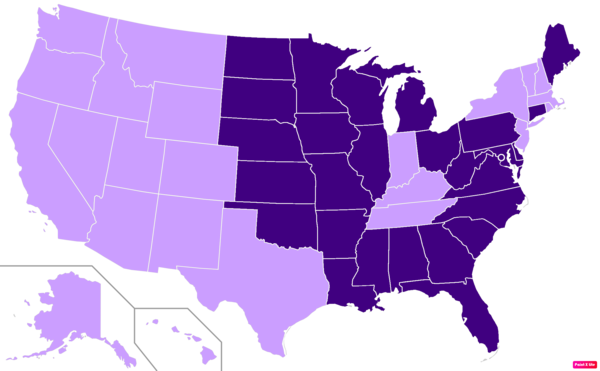 States in the United States by Mainline or Black Protestant population according to the Pew Research Center 2014 Religious Landscape Survey.[188] States with Mainline or Black Protestant population greater than the United States as a whole are in full purple.