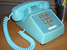 Western Electric model 1500D, made in March 1968 in the color aqua blue with hardwired handset and line cords WE1500D10buttonDSCN0217.JPG