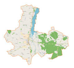 Mapa konturowa gminy Warta, blisko centrum po prawej na dole znajduje się punkt z opisem „Włyń”