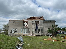 EF2 damage to a two-story house near Waxahachie, Texas. WaxahachieEF2tornadodamage2021.jpg