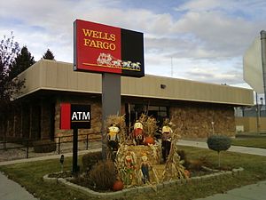 Wells Fargo bank in Conrad, Montana with autum...