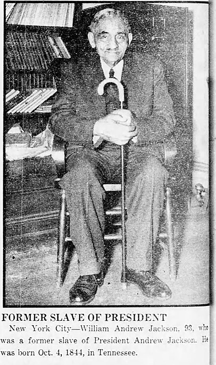 Miscaptioned c. 1937 photo of William Andrew Johnson, who had been enslaved by Andrew Johnson, and was believed to the last surviving person enslaved by a U.S. President.[21] Andrew Johnson bid $500 for William A. Johnson's mother and $540 for his uncle.[22]