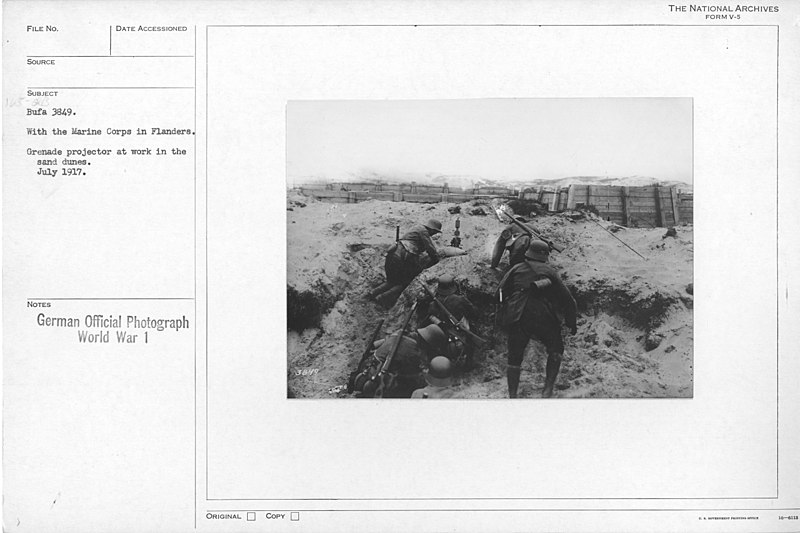 File:With the Marine corps in Flanders. Grenade projector at work in the sand dunes. July 1917 - NARA - 17390790.jpg