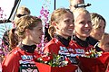 Danish team (Ida Bobach, Maja Alm, Signe Søes) at the prize giving ceremony Relay at World Orienteering Championships 2010 in Trondheim, Norway