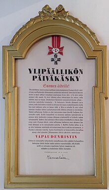 Order of the Day No.  60 (1942) awarding Order of the Cross of Liberty, 4th Class to all mothers of Finland Ylipaalikon paivakasky Mannerheim 60 fi.jpg