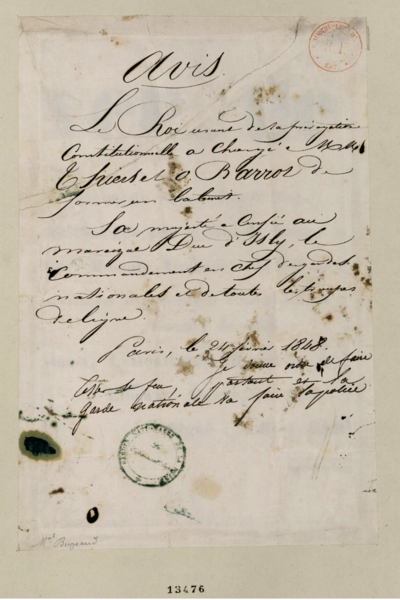 File:"Avis" manuscrit - Le Roi usant de sa prérogative Constitutionnelle a chargé MM. Thiers et O. Barrot de former un Cabinet, février 1848.png