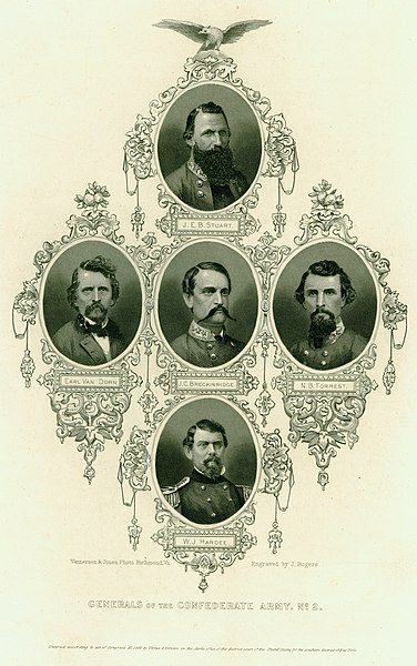 File:"Generals of the Confederate Army. No. 2." (Subjects include Generals J.E.B. Stuart, Earl Van Dorn, J.C. Breckinridge, Nathaniel Bedford Forrest, and W.J. Hardee).jpg