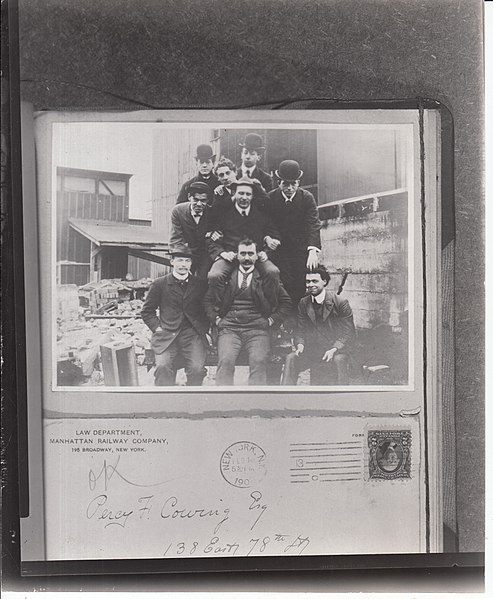 File:"Muckers" posing outside lab buildings, photo is resting atop envelope from the Law Dept. of the Manhattan Railway Co. and (93be3877b8be43149092974047299525).jpg