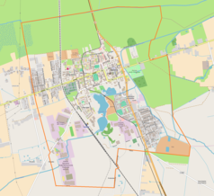 Mapa konturowa Łęczycy, blisko centrum u góry znajduje się punkt z opisem „Duża Synagoga w Łęczycy”