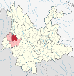 隆阳区（红色）在保山市（粉色）和云南省的位置