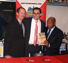 Artist Nate Powell and co-authors Andrew Aydin and John Lewis promoting the book at a November 7, 2013 book signing at Midtown Comics in Manhattan 11.7.13MarchSigningByLuigiNovi14.jpg