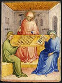 11 Nicolo di Pietro.  Saint Augustine og Alypius får besøk av Ponticianus 1413-15 Musée des Beaux-Arts, Lyon.jpg