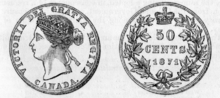 Engraving of a Canadian fifty-cent coin, issued in 1871 1871 Canadian 50 cents both.png