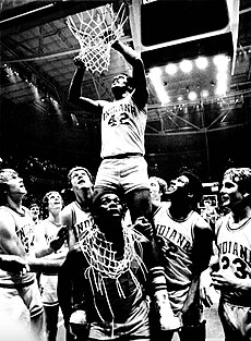 All-American Scott May cuts down the nets after winning the 1976 NCAA championship. 1976 Indiana Hoosiers nets.jpg