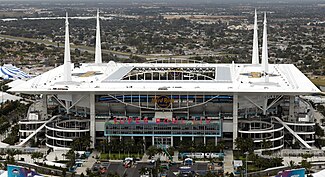 Hard Rock Stadium in Miami Gardens is the home field for both the Miami Dolphins of the National Football League and the Miami Hurricanes, the University of Miami's five-time national championship NCAA Division I college football team, January 2020