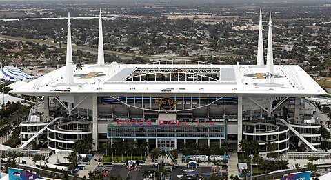 Hard Rock Stadium in Miami Gardens, the home field for both the Miami Dolphins of the National Football League and the Miami Hurricanes of NCAA Division I college football.