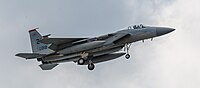 A US Air Force F-15C Eagle, tail number 80-0012, on final approach at Kadena Air Base in Okinawa, Japan