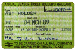 APTIS Annual Season Ticket Holder's Railcard, issued for one year from March 1988. AST-H Railcard.PNG