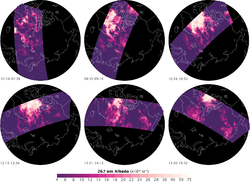 Image of polar mesospheric clouds taken on 10 July 2007 by OMI A Day of Night-Shining Clouds.png