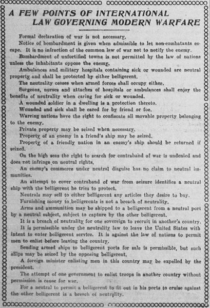 An 1904 article outlining the basic principles of the law of war, as published in the Tacoma Times.