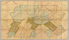A 1792 map of Pennsylvania with Wilkes-Barre visible in the northeast. At the time, Luzerne County occupied a vast portion of Northeastern Pennsylvania A Map Of The State Of Pennsylvania by Reading Howell, 1792.jpg