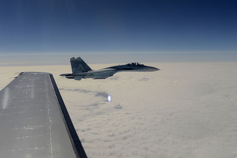 File:A Russian Air Force Su-27 Sukhois aircraft intercepts a simulated hijacked aircraft, foreground, during Vigilant Eagle 2013 at Joint Base Elmendorf-Richardson, Alaska, Aug. 27, 2013 130827-F-XT249-155.jpg