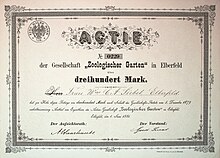 Share of the Actien-Gesellschaft "Zoologischer Garten" in Elberfeld, issued 1. June 1881 Actien-Gesellschaft Zoologischer Garten in Elberfeld 1881.JPG