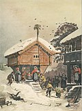Adolph Tidemands maleri «Norsk juleskik» fra 1846 viser et stabbur med julenek på mønet.