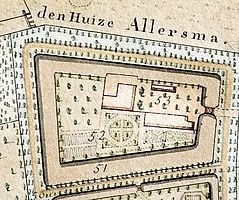 Het borgterrein op een kaart van de landerijen van Allersma van landmeter Andries van Apken uit 1822. De borg had toen nog haar oude tuin.