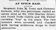 Newspaper article from The Daily Picayune, New Orleans, Louisiana in 1912 reporting on a drug arrest, a month after the International Opium Convention was signed and ratified at The Hague An Opium Raid (1912 headline).jpg