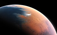 Depiction of a once water covered Mars An artist's impression of Mars four billion years ago.jpg