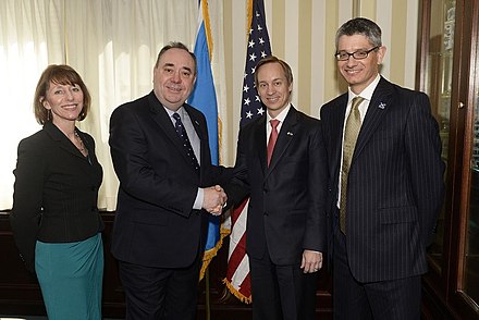 Salmond (second left) meets Mikael Hagstrom, Executive Vice-President for EMEA and Asia Pacific and Ian Manocha, Vice-President Government for EMEA and Asia Pacific, during an investment trip to the United States