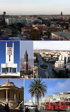 Theo chiều kim đồng hồ từ trên: cảnh quan thành phố, Quảng trường Zerai Deres, trạm xe bus và Nhà thờ chính tòa Kidane Mehret, trung tâm đào tạo của Đại học Asmara, Tòa nhà Fiat Tagliero, Nhà thờ Đức Mẹ Mân côi