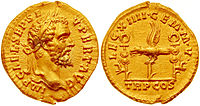 Aureus minted in 193: obverse, Septimius Severus; reverse, Legion insignia of XIIII Gemina Martia Victrix Aureus Septimius Severus-193-leg XIIII GMV.jpg