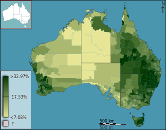 People who identify as Anglican as a percentage of the total population in Australia at the 2011 census, divided geographically by statistical local area Australian Census 2011 demographic map - Australia by SLA - BCP field 2715 Christianity Anglican Persons.svg