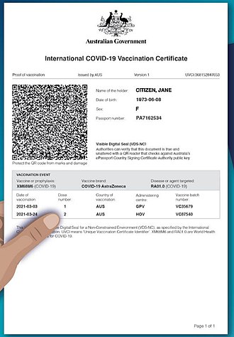 Sample of the International COVID-19 Vaccination Certificate from the Express Medicare App provided by Service Australia Australian Government International COVID-19 Vaccination Certificate Sample.jpg