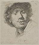 Self-portrait in a cap, with eyes wide open, etching and burin, 1630