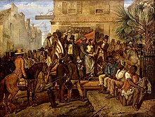 Sale at auction, by Alonzo J. White on the plaza north of the Exchange Building in Charleston on March 10, 1853, of 96 people who had previously been enslaved near the Combahee River (Eyre Crowe, Museo Nacional de Bellas Artes, Havana, Cuba) BRIGHTEN Eyre Crowe - Subasta de esclavos.jpg