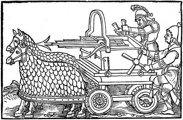 A four-wheeled ballista drawn by armored cataphract horses, c. 400