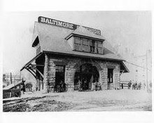 Baltimore and Lehigh Railway's Baltimore passenger station in the 1890s, later the Ma and Pa's station until demolished in 1937 Baltimore and Lehigh Rwy station.jpg