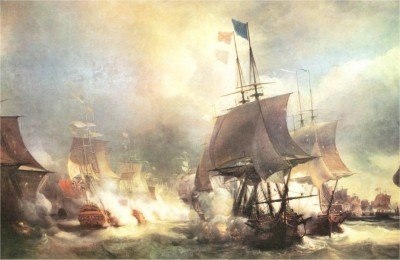 The Battle of Ushant, by Théodore Antoine Gudin. The battle led to a bitter dispute between Keppel and Palliser, with Pye presiding over Keppel's cour