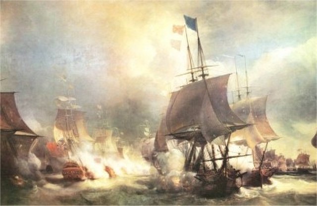 The Battle of Ushant, by Théodore Antoine Gudin. The battle led to a bitter dispute between Keppel and Palliser, with Pye presiding over Keppel's cour