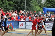 Deutsch: Beachhandball Europameisterschaften 2019 (Beach handball Euro); Tag 3: 4. Juli 2019 – Männer, Hauptrunde Gruppe II, Ungarn-Schweiz 2:0 (26:24, 27:24) English: Beach handball Euro; Day 3: 4 July 2019 – Men Main Round Group II – Hungary-Switzerland 2:0 (26:24, 27:24)